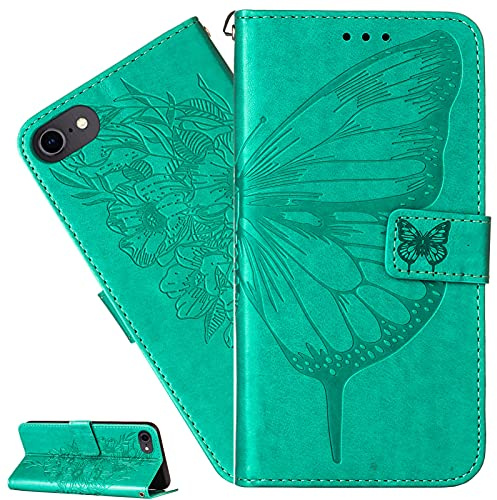 LEMAXELERS iPod Touch 5 / iPod Touch 6/7 Hülle,Für iPod Touch 5 Handyhülle Geprägt Schmetterlings Blume Flip Case PU Leder Cover Magnet Schutzhülle Ständer Handytasche für iPod Touch 5,YB Die Green
