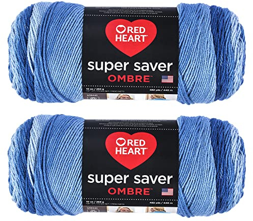 Red Heart Super Saver Jumbo True Blue Ombre Yarn - 2 Pack of 283g/10oz - Acrylic - 4 Medium (Worsted) - 482 Yards - Knitting/Crochet