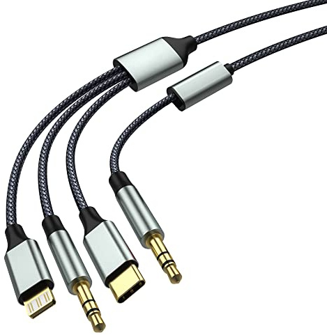 Apitiong Aux-Kabel für Telefon 11, USB-C-zu-Aux, 3,5-mm-Nylon-Aux-Kabel, Klinkenkabel (3-in-1-Aux) für Kopfhörer, Telefon, Pad, Pod, Smartphone, Autoradio, MP3, Kompatibel mit Lightning