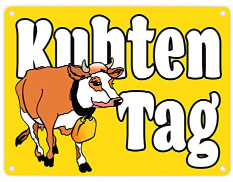 Kuhten Tag Metallschild in 15x20 cm in gelb mit Kuh zum Thema Bauernhof Guten Tag Metall-Schild Bauer Blechschild Milch Aluminium Schild Kuh