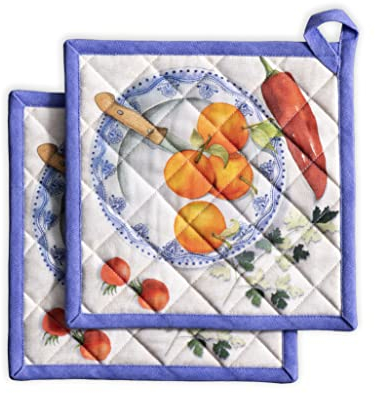 Maison d' Hermine Pot Holders set 100% Cotton Heat Resistant Potholders 20 cm x 20 cm Hot Pads with Loop BBQ, Cooking, Baking, Grilling, Handling Hot Pans Spring/Summer (Pack of 2, Gourmand)