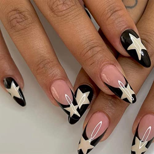24pcs Medium Almond False Nails French Tip Black Edge Stick on Nails Star Design Press on Nail Removable Glue on Fake Nail Art Accessories for Women