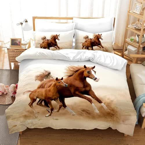 Parure de Lit 90x190 Enfant Cheval Imprimé Sets de Parure Housse de Couette 1 Personne en Microfibre Breathable, 1 Linge de Lit avec Fermeture Éclair + 2 Taie d'oreiller 65x65