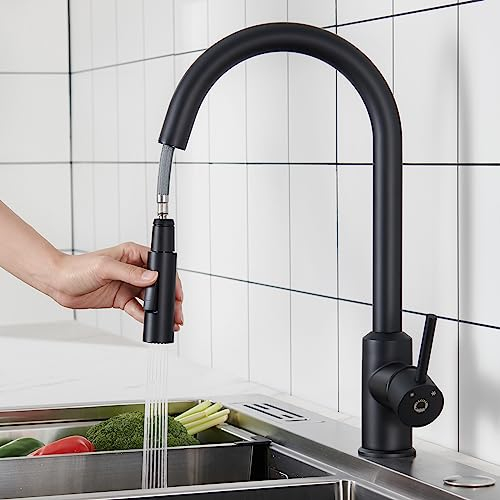 CECIPA Wasserhahn Küche Schwarz, Mischbatterie Küche mit Hohem Bogen, Hochdruck Küchenarmatur mit Brause Ausziehbar, 360° Schwenkbar Spültischarmatur, G3/8 Anschluss Armatur