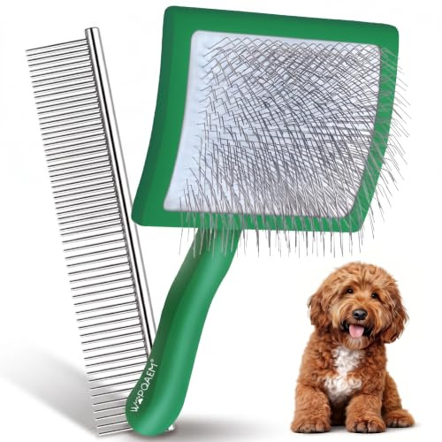 WOPQAEM Slicker Bürste für Hunde & Katzen – mit Holzgriff und extra Langen Edelstahlpins – entfernt Unterwolle, Knoten & Verfilzungen – mit Pflegekamm – für Golden Retriever & Maine Coon – Grün