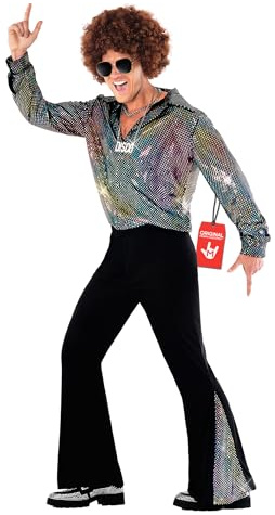 Morph Disco Kostüm Herren, 70er Jahre Halloween Kostüm Herren | Glitzerhemd & Schlaghose, Silbernes Disco-Design, Zum Überziehen, Perfekt für Halloween, Ideal zum Verkleiden