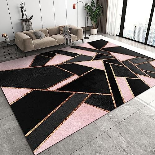 ZONOKI Teppich Schwarz-Rosa Marmorstruktur, Geometrisch, 180 x 240 cm, Maschinenwaschbar, Kurzflor, Abstrakte Goldene Unregelmäßige Linien, Wohnzimmer, Schlafzimmer, Flur