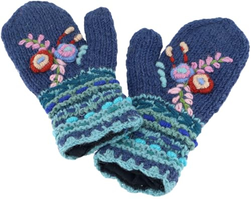 GURU SHOP Wollhandschuhe mit Blümchenstickerei, Boho Handschuhe, Fauster | Handgestrickte, warme Fausthandschuhe, Fleece-Futter, Unisex, fair gehandelt, Größe für normale Handgröße.
