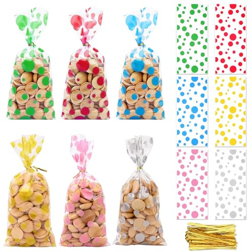 100 Stück Süßigkeiten Tüten 12,5 x 27,5 cm, Bunt Plastik Geschenktüten mit Twist Krawatten, Transparent Cellophantüten, Polka Dots Zellophantüten für Leckereien Kekse Nüsse