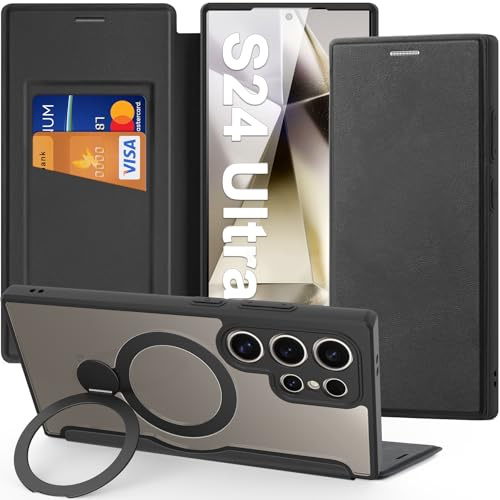 DUX DUCIS für Samsung Galaxy S24 Ultra Hülle mit Ständer, Kompatibel mit MagSafe, [RFID-Blockierung] [Kartenfach] Stoßfestes PU Leder Magnetische Transparente Klapphülle, Schwarz