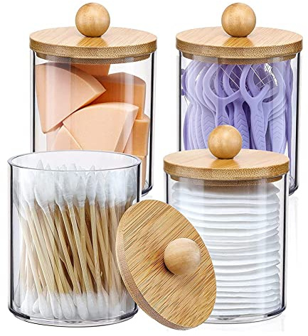 Xnuiasqe Cotton Pad Box Storage Box Bathroom Organizer Accessories Storage Containers Clear Plastic Jars with Bamboo Lids for Cotton,Floss