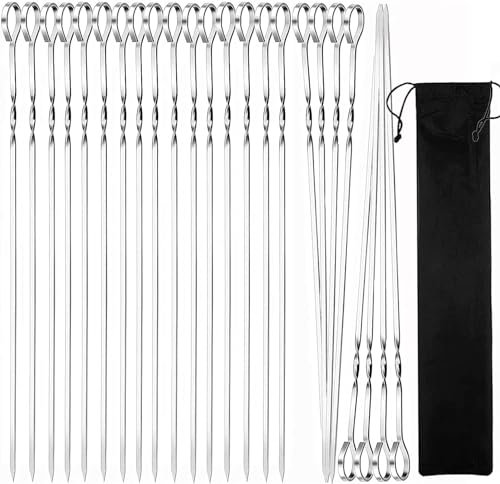 24Pcs Kabob Skewers, BetterJonny Flat Metal BBQ Barbecue Skewer 12 Long Stainless Steel Reusable Shish Kebob Sticks Skewers for Grilling Meat Shrimp Chicken Vegetable