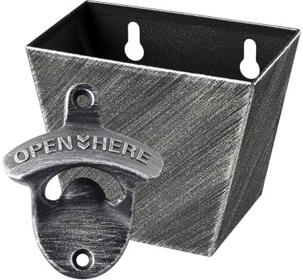 HAIICEN Vintage Silver Wall Mounted Beer Bottle Opener with Cap Catcher Bucket Screw in Wood Table Cooler for Kitchen Bar Patio