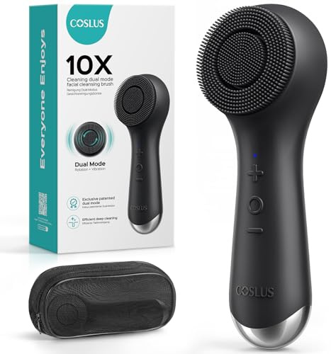 COSLUS FBS03 Face Scrubber Facial Cleansing Brush: 2 in 1 Spin and Vibration Patented, Silicone Electric Exfoliator Scrubber with Automatic Foaming, Waterproof Face Cleanser Brush for Men and Women