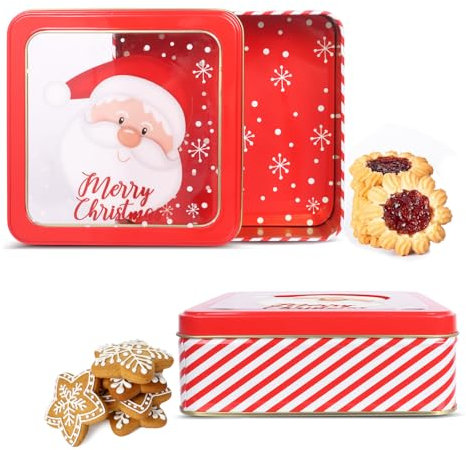 Minicoco Julburkar med fönster, burkar av kex till jul för förvaring av godis kex godis godis godis choklad fyrkantig jul tennplatta jultomten julklappslådor (röd A)