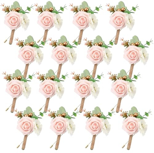 Crowye 16 Pcs Boutonniere for Men Wedding with Pins Set Groom and Groomsmen Ceremony Anniversary Corsage Wedding Flowers Artificial Bouquets for Formal Dinner Party Fall Vintage Prom (Blush Pink)