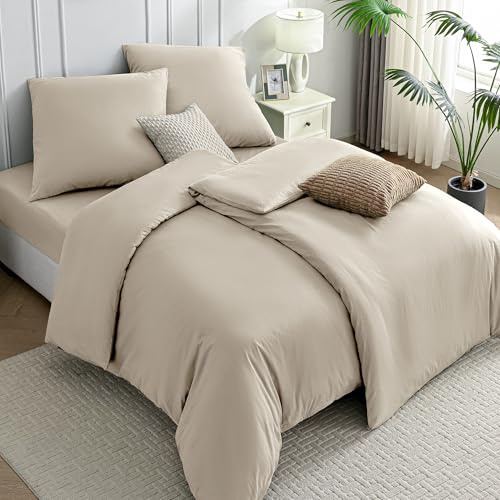 JELLYMONI Biancheria da letto 135 x 200 cm, in cotone, 4 pezzi, colore beige, Oeko-Tex, 100% cotone lavato, 2 copripiumini con chiusura lampo e 2 federe 80 x 80 cm, con busta morbida
