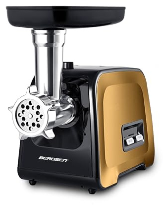 Berdsen Fleischwolf Elektrisch Set Mit Aufsätzen Zubehör Wurstaufsatz Lochscheiben Schredder 450/1200W Schwarz Gold