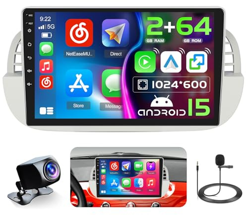 Hikity 2G + 64G Autoradio Android 15 per Fiat 500 2007-2015 con Touch Screen da 9 pollici, Radio 2 DIN con Wireless Carplay Android Auto RDS/FM Radio BT GPS WiFi + Telecamera posteriore + MIC