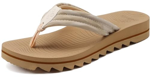 COFACE Womens Arch Support Flip Flops Yoga Mat Memory Foam Comfortable Thick Cushion Walking Thong Sandals Ladies Slip On Summer Beach Pool Orthotic Recovery Plantar Fasciitis Slippers Beige Size 5