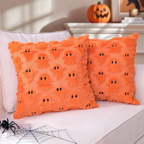 Yhoelata Halloween Geist Kissenbezüge 2er-Set, Herbstlicher Orange Deko Kissenbezug Kissenhülle Dekorative Zierkissen Sofakissen Couchkissen Dekokissen Deko Kissenhülle für Sofa Wohnzimmer 45x45cm