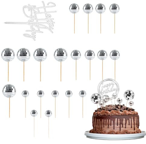 21Pcs Shiny Disco Balls Cake Toppers Mini 70s Disco Theme Cake Decoration Foam Balls Cupcake Picks DIY Balloon Cake Inset Topper Theme Party Dessert Birthday Wedding Anniversary Decor Ornament