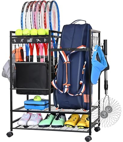 Mythinglogic Tennistaschen-Organizer Tennisschläger-Aufbewahrungsregal, Tennisausrüstungshalter für Taschen, Bälle, Schläger & Zubehör