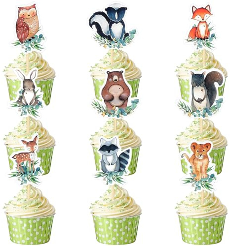 Loghohu 54 Pcs Woodland Baby Shower Cupcake toppers, Animal Cupcake Toppers Forest Animals Theme Woodland Cupcake Toppers for Birthday Baby Shower Party Decor