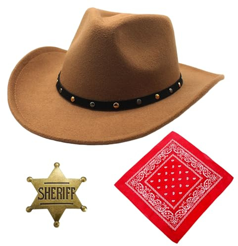 Cowboy Zubehör Set Western Cowboy Cosplay Kleidung Kit Schwarz Braun mit Hut Bandanas für Karneval Fasching kostüm Erwachsene Herren Damen Halloween Party, Kostümpartys, Mottopartys (Khaki, Style 1)