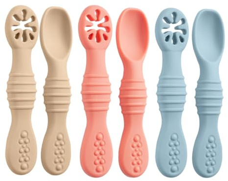 Lot de 6 Cuillères D'apprentissage pour Enfants et Bébé, Cuillères en Silicone pour Bébé, Ustensiles d'Alimentation Autonomes 6+ Mois, Sans BPA