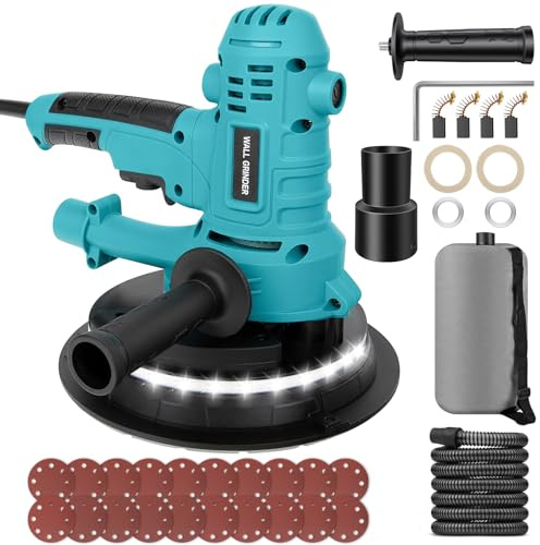 800W Electric Drywall Sander, Variable Speed1200-2300RPM Wall Sander with Vacuum, LED Lights, Dust Bag and Hose, 20 Pcs Sanding Discs, 4Pcs Carbon Brush