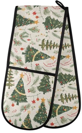Dual-functionality Mitts and Potholders Heat Insulated Kitchen Oven Gloves Cooking (Cartoon Green Christmas Trees)