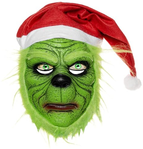 Maskworld Grüner Weihnachtsmuffel Maske aus Latex mit Effekt-Auge - Erwachsenen Horror Halloween Kostüm Halbmaske - ideal auch für Karneval, Motto & Grusel-Party