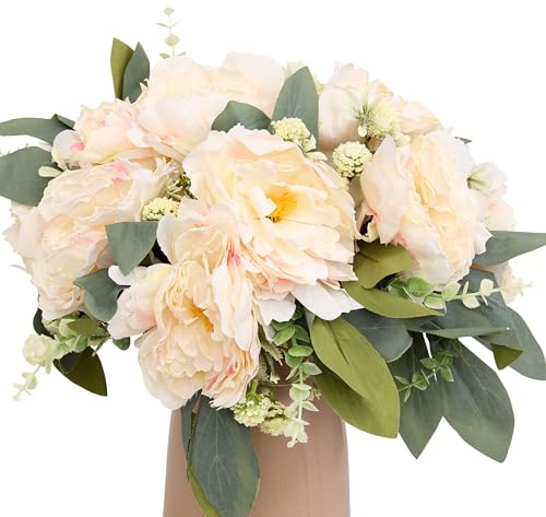 KP HOME Bouquet De Pivoines Artificielles en Soie – 12 Têtes, H 40 cm, Tiges Flexibles – Fleurs Artificielles Crème pour Intérieur Et Extérieur, Centre De Table, Décoration Événements Ou Cimetière