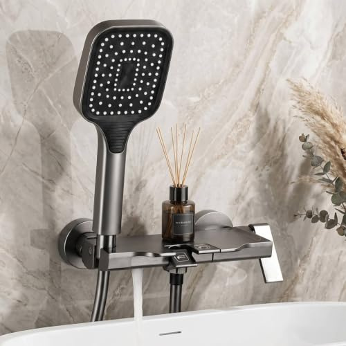 Julymoda Badewannenarmatur mit Handbrause, Klaviertasten Bedienung Wannenarmatur Aluminium Duscharmatur mit 1.5m PVC Schlauch für Bad Badezimmer, Grau