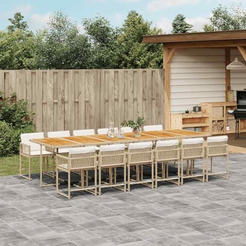 Hommdiy 13-TLG. Garten-Essgruppe mit Kissen Beige und Creme 12-Sitzer(Holz) Gartenmöbel Set Essgruppe mit Stühlen Garten Sitzgruppe Gartengarnitur Set