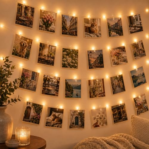 ZingBox LED Fotoclips Lichterkette, 2M 20 LEDs Warmweiß Messingdraht USB | Lichterkette mit 20 Klammern für Fotos Bilderwand, Deko für Zimmer Wohnzimmer Wand Hochzeit Geschenk Inner Deko Aufhängung