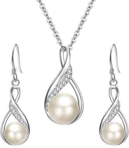 Clearine Damen 925 Sterling Silber Delicate Elegant CZ Cream Süßwasser-Zuchtperle Spiral Unendlichkeit Pendant Halskette Hook Ohrringe Schmuck Set (A-Perle)