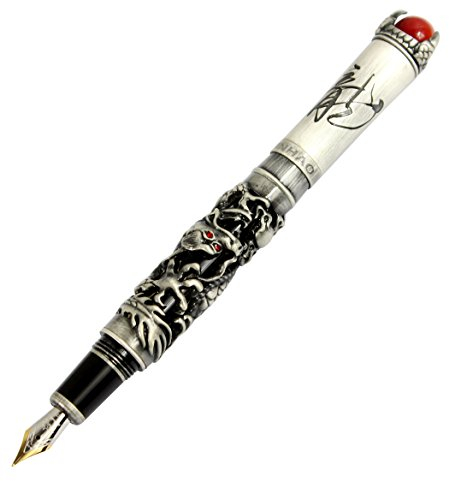 Gullor JinHao antike silberne Drachen-Stil 3D geschnitzte Füllfederhalter mit roter Perle, mittlere Spitze, schwarz