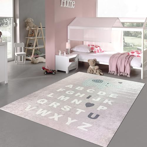 Teppich-Traum Kinderteppich ABC Lernteppich Alphabet Spielteppich mit Elefant in Rosa Größe 120x160 cm