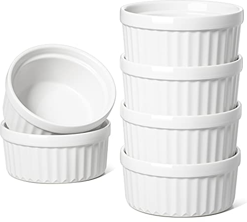 LE TAUCI Cocotte Monoporzione da Forno, 6 X 120 ml Creme Brulee e Soufflé, Pirottini in Ceramica Impilabili per Forno, Cottura, Salse, Crema, Gelato, Set di 6, Bianco