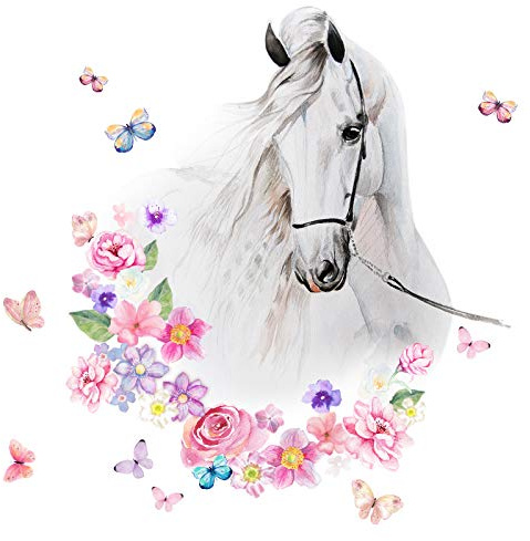 Little Deco Wandtattoo Pferdekopf mit Blumen & Schmetterlingen DL464 M - 37 x 42 cm (BxH)