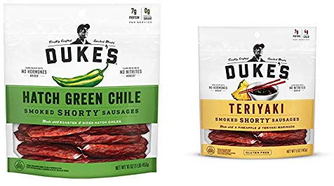 Duke's Hatch Green Chile and Teriyaki Smoked Shorty Sausages Bundle (16 oz, 5 oz)