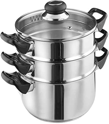 LEWIS'S Induction Steamer Pans 3-Tier with Glass Lid, Silicone Handles, Stainless Steel, Steamer Cooking, Polished Mirror Finish (Silver, 18cm)