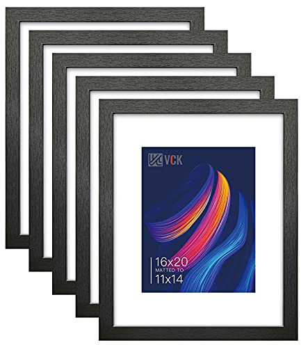 VCK 16x20 Picture Frames Matted to 11x14 Picture Set of 5 Black Wood Photo Frames with Real Glass Desktop and Wall Hanging Frames (Black, 16 x 20)
