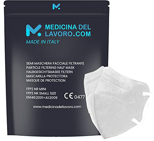 medicinadellavoro.com 20 Mascarillas FFP2/KN95 Talla Pequeña Small Homologadas Certificación CE de 4 Capas, Máscara Protectora, Mascarilla de Protección con Filtros BFE≥95| 20 Piezas - Made in Italy