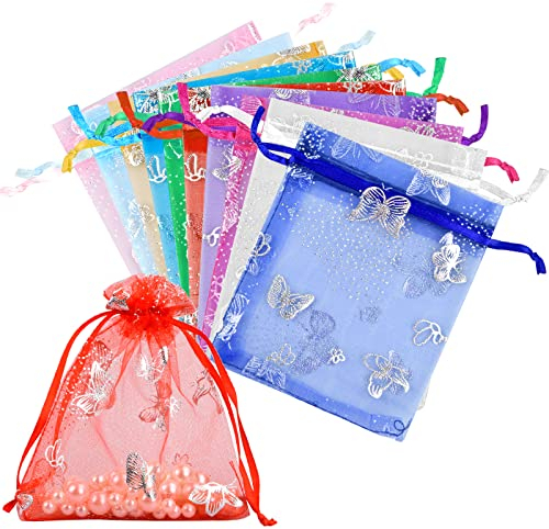 Pinsheng 100 Stück Organzasäckchen, 9x12 cm Sortierte Farbe Organza Geschenkbeutel Organzabeutel mit Zugband Schmuckbeutel Hochzeit Säckchen