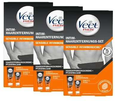Veet Intim-Haarentfernungs-Set – speziell für die Anwendung im sensiblen Intimbereich – Set enthält Intim-Haarentfernungscreme (3 x 100ml) mit Spatel + Pflegebalsam (3 x 50 ml) - 3er Pack