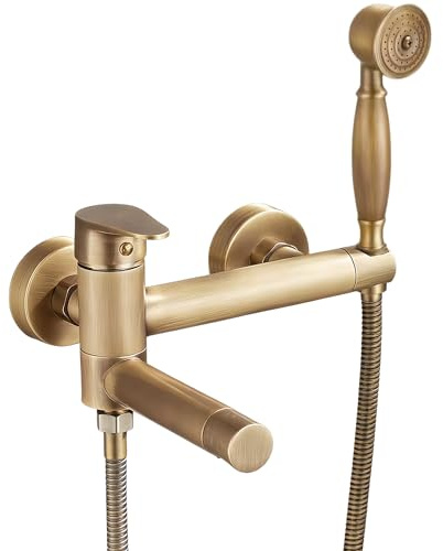 KOPYFANTAP Retro Badewannenarmatur mit Handbrause Messing Antik | Wandmontage Mischbatterie Badewanne Wasserhahn Dusche Set, Material Messing, 90° Drehbar Auslauf 15cm