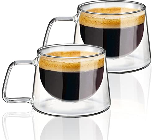 KAMEUN Tazas de Café de Cristal, 2 * 300Ml Vasos Doble Pared con Asa, Taza de Vidrio Borosilicato para Té, Café con Leche, Capuchino, Espresso, Jugo, Agua